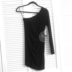 One shoulder, black, fitted, dress. LBD